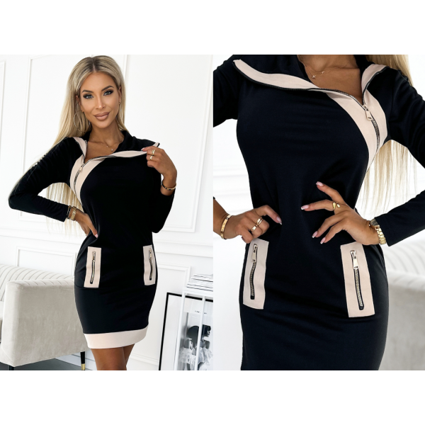 Dvobarvna obleka s tremi zadrgami - črna in bež